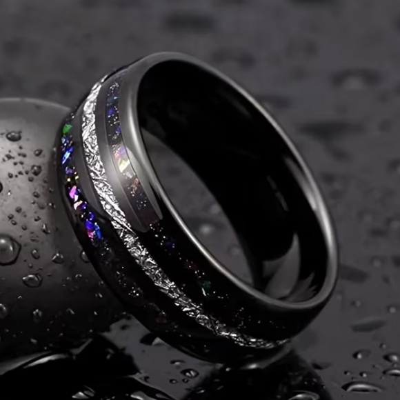 Black Gunmetal Plated Stainless Steel Ring Galaxy Sky Stars Inlay Silver Accent - Picture 4 of 16